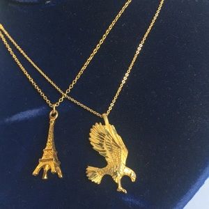 2 of Vintage Eagle charm gold tone necklace. Eiffel Tower charm necklace.